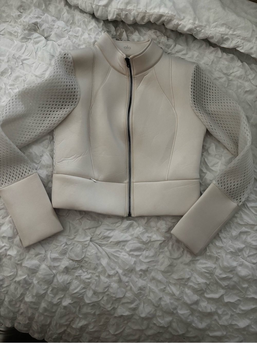 ALO Yoga Cream Mesh/ Neoprene Sleeve Zip Bomber Jacket